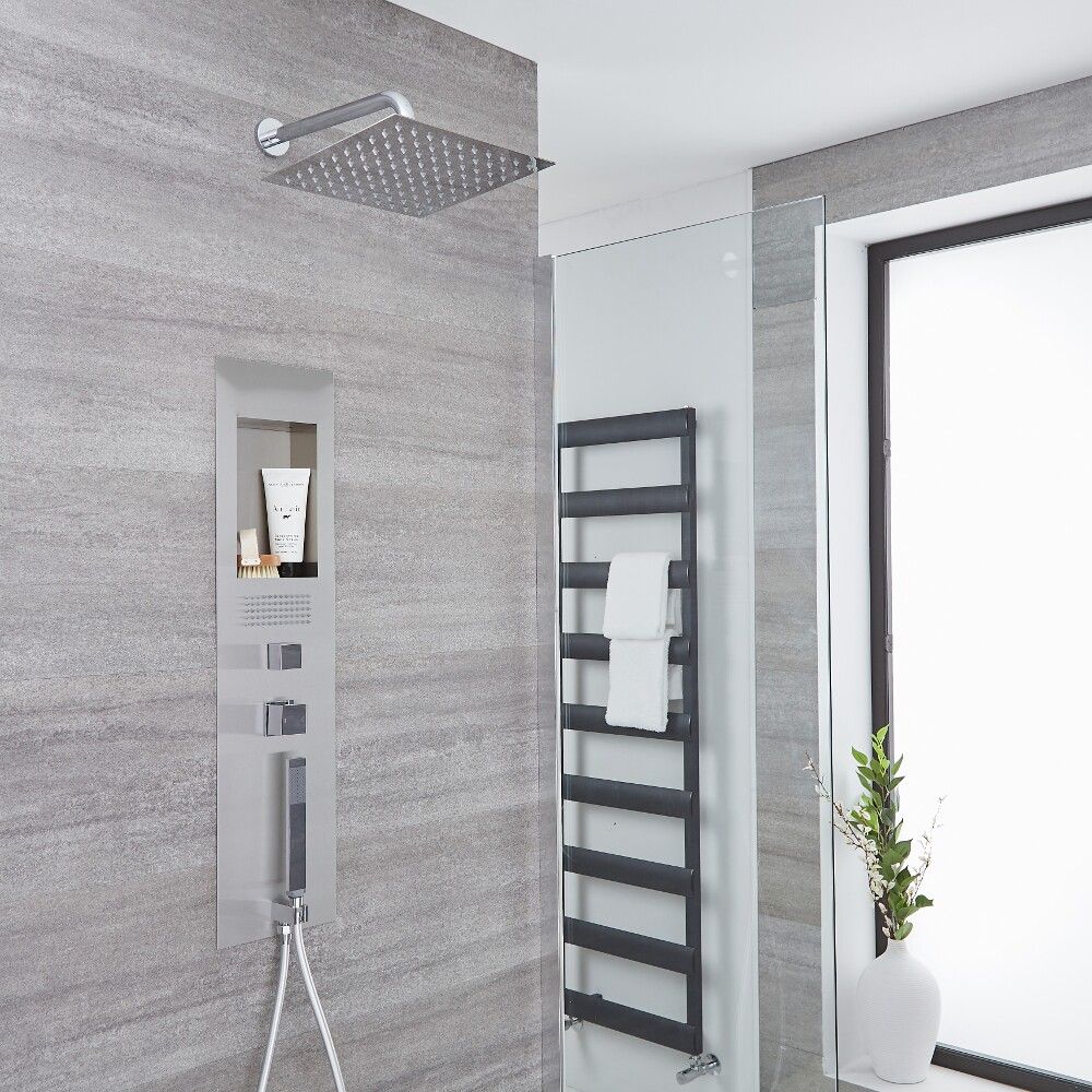 Douchepaneel Inbouw 3-Weg Thermostatisch 2-Delig met Douchekop op Douchearm, Handdouche en 1 x Zijdouche Geborsteld Staal | Llis