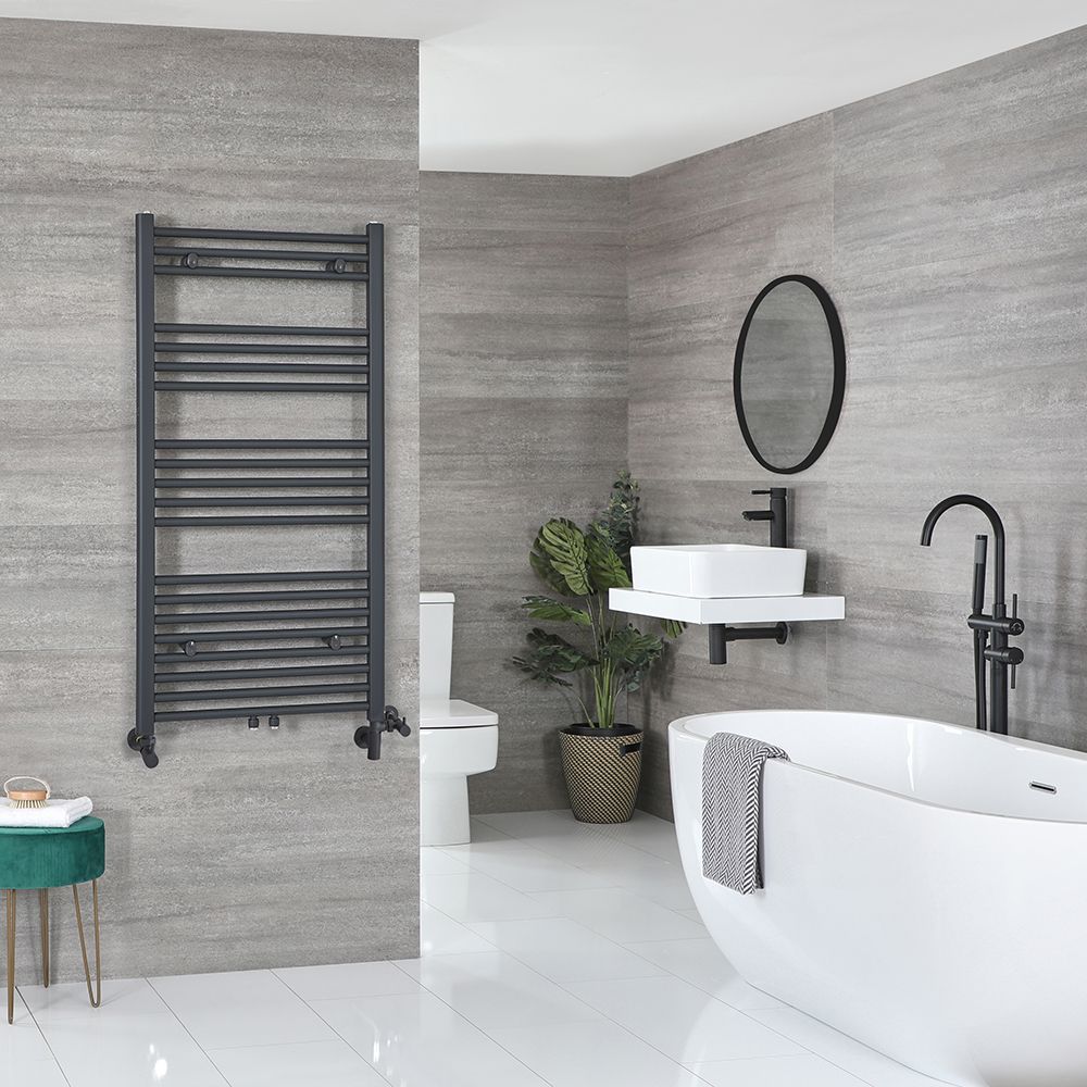 Handdoekradiator Dual Fuel / Hybride Antraciet Vlak - Incl. Verwarmingselement, T-Stuk en Radiatorkranen | Keuze Afmeting | Neva