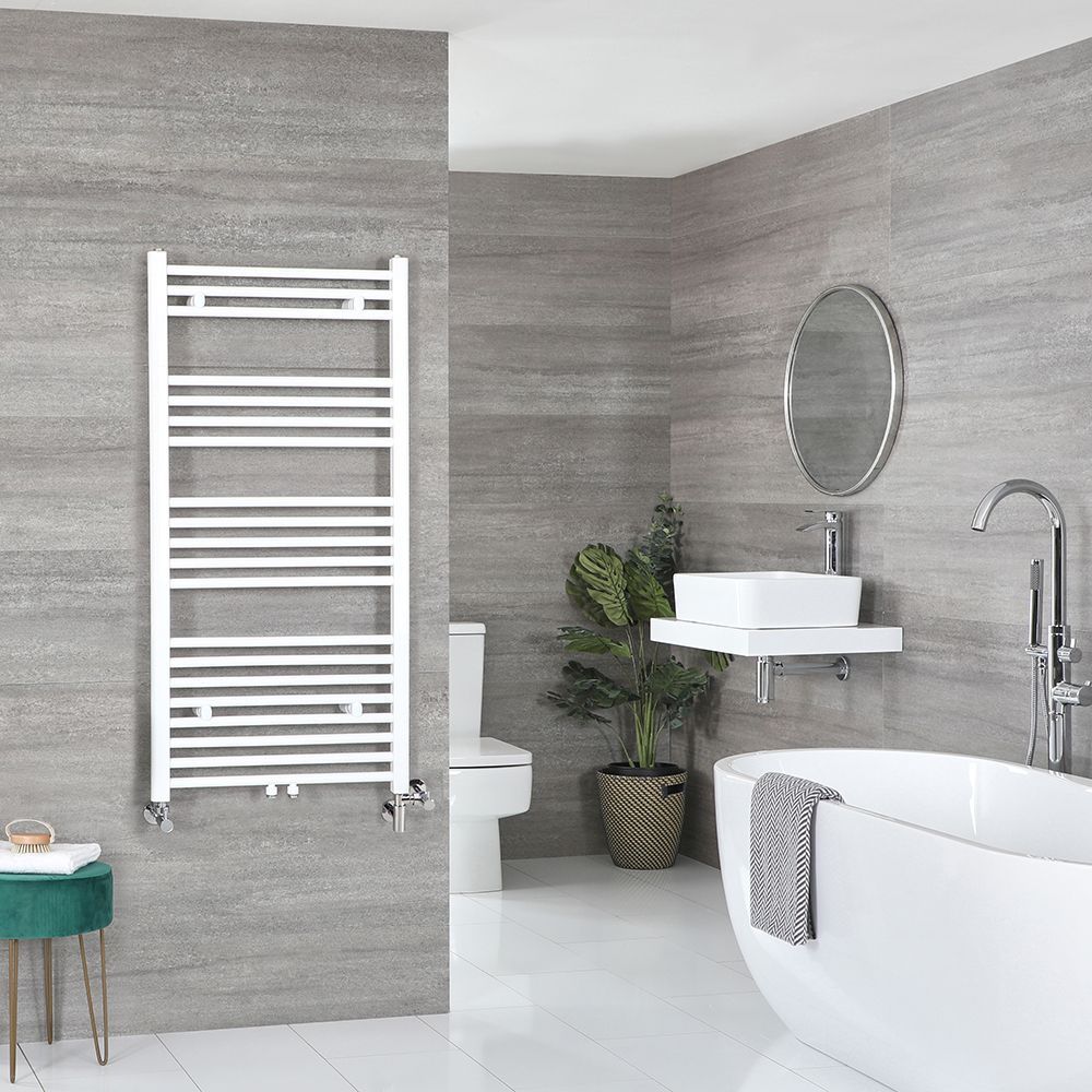 Handdoekradiator Dual Fuel / Hybride Wit Vlak - Incl. Verwarmingselement, T-Stuk en Radiatorkranen | Keuze Afmeting | Neva