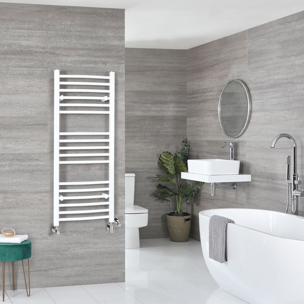 Handdoekradiator Dual Fuel / Hybride Wit Gebogen Ontwerp - Incl. Verwarmingselement, T-Stuk en Radiatorkranen | Keuze Afmeting | Ive