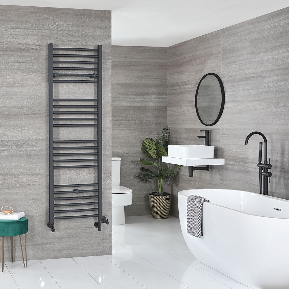 Handdoekradiator Dual Fuel / Hybride Antraciet Vlak - 160cm x 50cm - Incl. 800W Verwarmingselement, T-Stuk en Radiatorkranen | Artle
