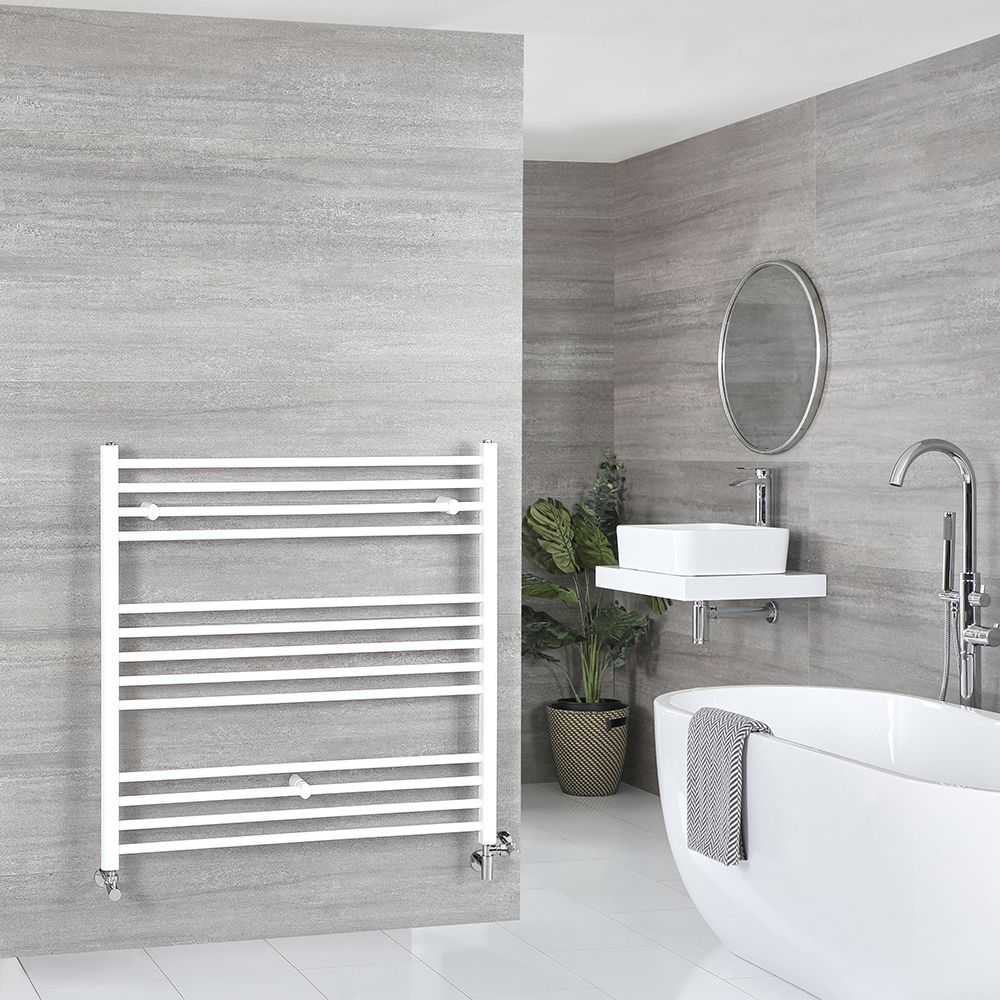 Handdoekradiator Dual Fuel / Hybride Wit Vlak - 100cm x 100cm - Incl. 800W Verwarmingselement, T-Stuk en Radiatorkranen | Ive