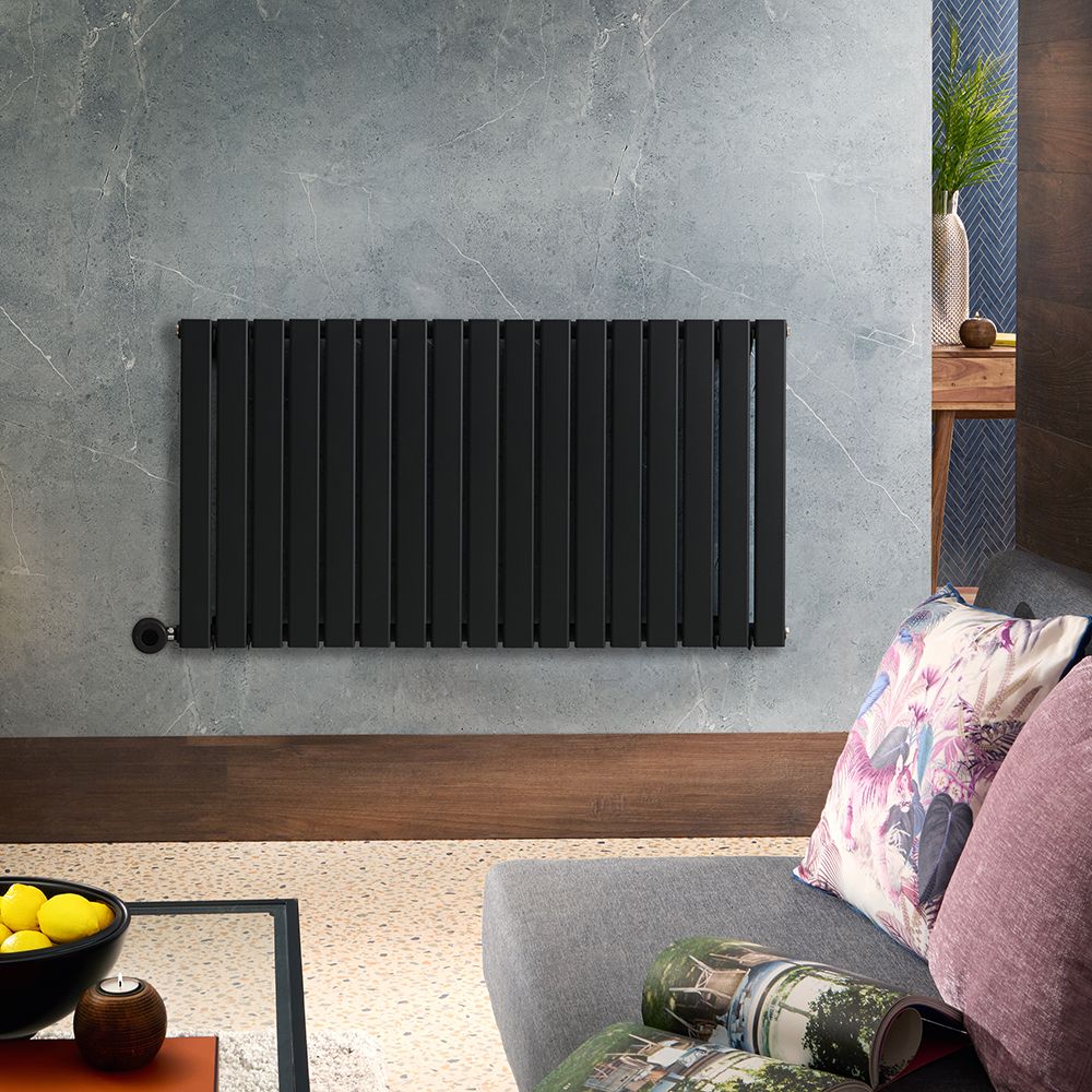 Elektrische Design Radiator Horizontaal Zwart | 63,5cm x 119cm (Enkelpaneel) | met Thermostatisch WiFi Verwarmingselement 1000W | Delta - ECOSO van Hudson Reed