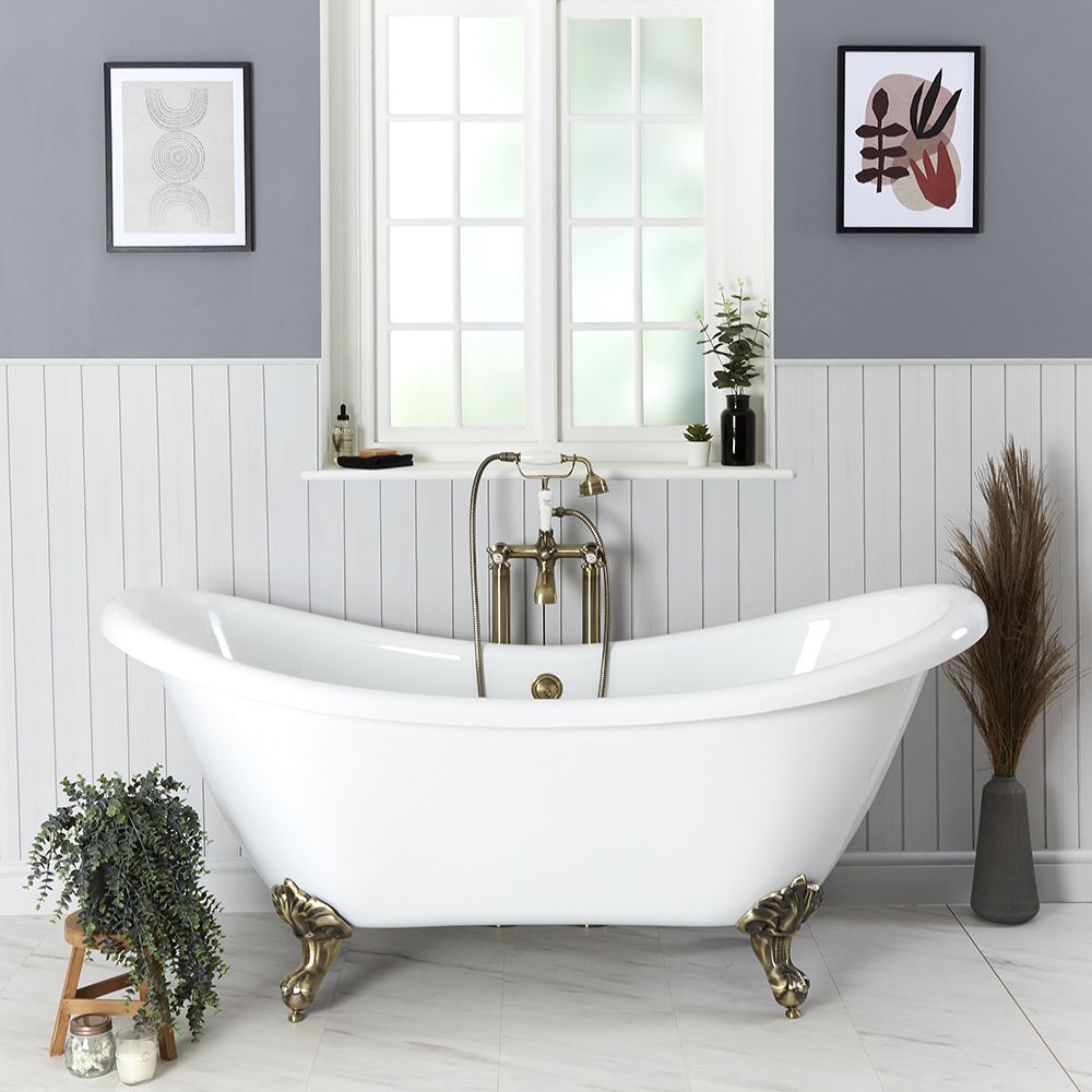 Vrijstaand Bad Klassiek Glanzend Wit 175 x 73cm met Geborsteld Goud Badpoten | Oxford