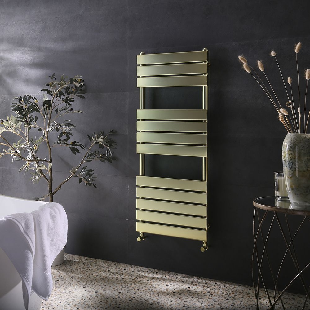 Design Handdoekradiator met Vlakke Panelen Satijn Goud | 50cm x 5,8cm x 120cm (B x D x H) | Lustro