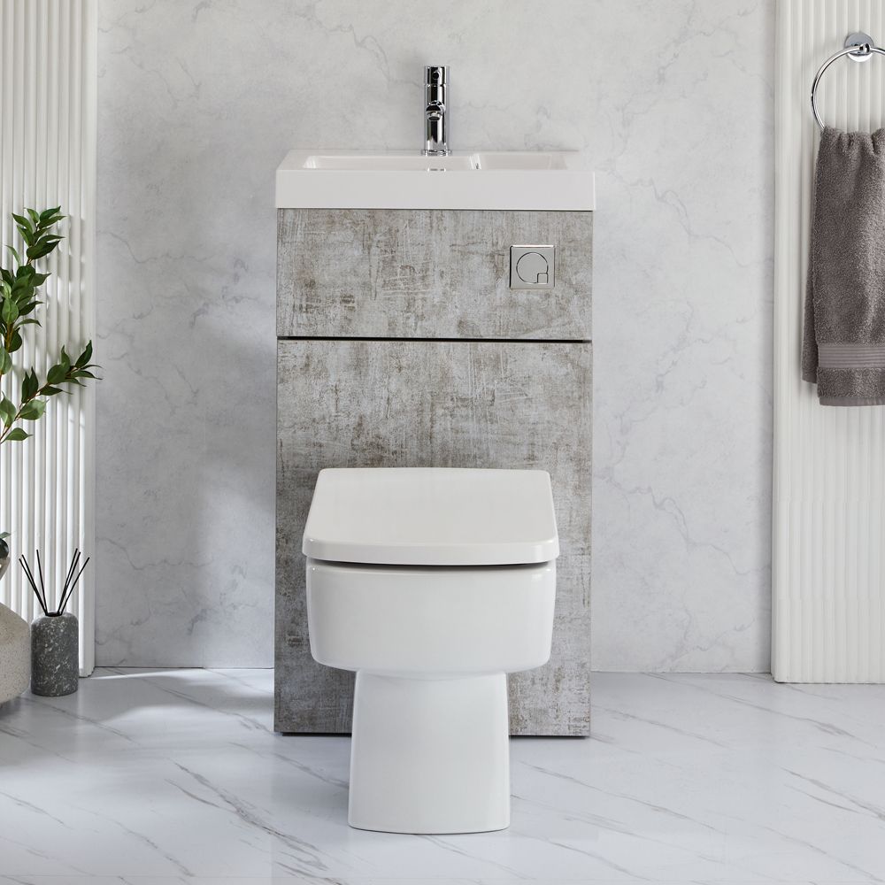Exton Toilet Fontein Combinatie Modern, Incl. WC-ombouw en Verbogen Reservoir 50cm x  89cm - Betongrijs | Chromen Spoelknop | Cluo