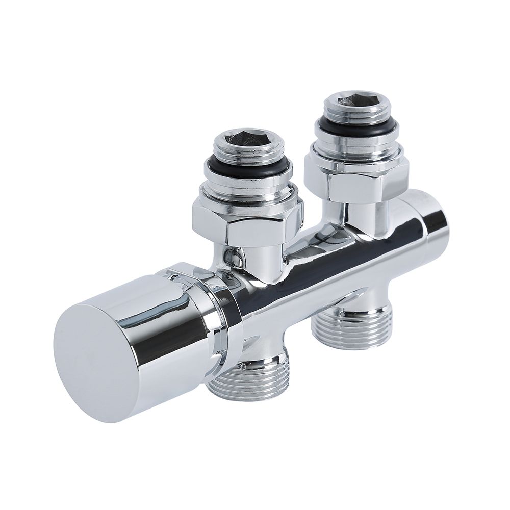 Radiatorkraan Onderblok Middenaansluiting Recht Chroom met 15mm Koperen Adapter