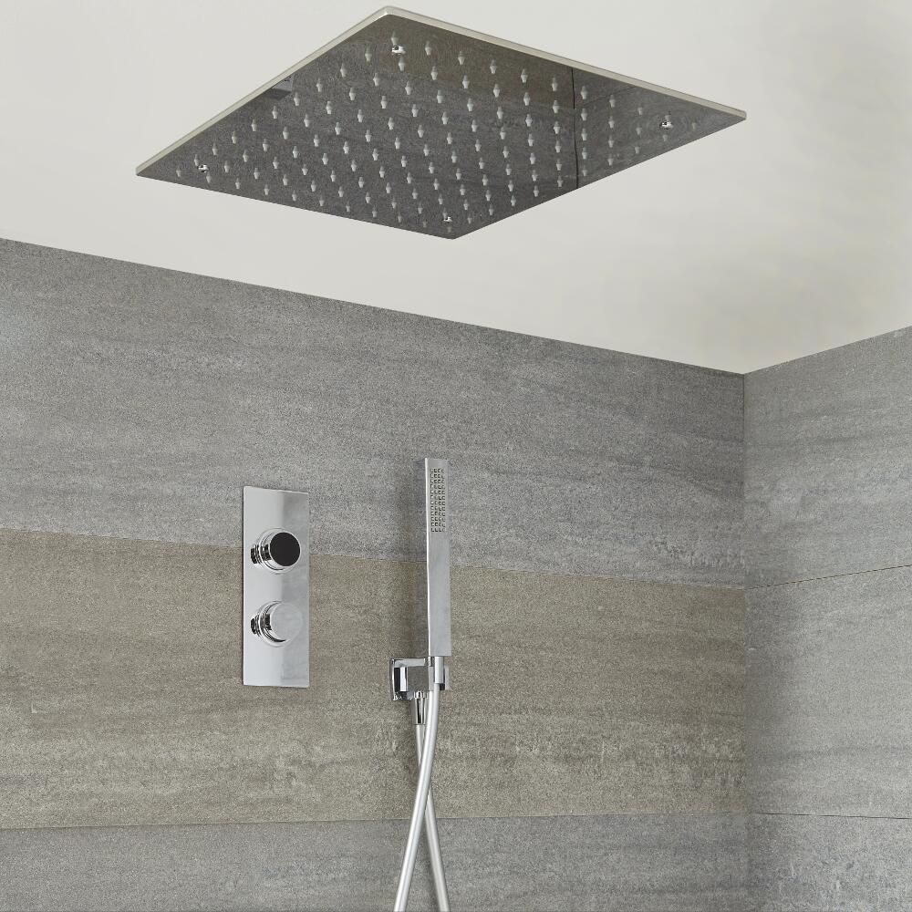 Doucheset - Douchekraan Thermostatisch Digitaal Inbouw 2-Weg met Verzonken 50x50cm Plafond Douchekop en Handdouche Chroom | Narus