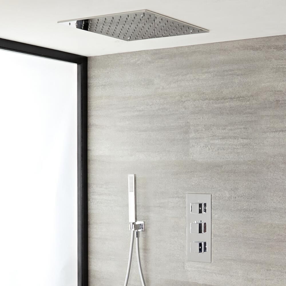 Doucheset - 2-Weg Thermostatische Douchekraan met Verzonken 40x40cm Plafond Douchekop en Handdouche Chroom | Kubix