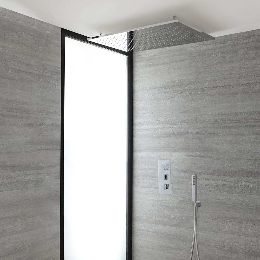 Doucheset - 2-Weg Thermostatische Douchekraan met Grote 80x50cm Hangende Douchekop en Handdouche Chroom | Kubix