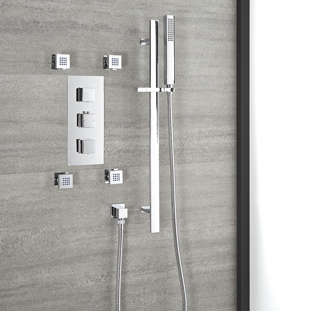 Doucheset - 2-Weg Thermostatisch met Handdouche en Glijstang en Vier Zijdouches Chroom | Kubix