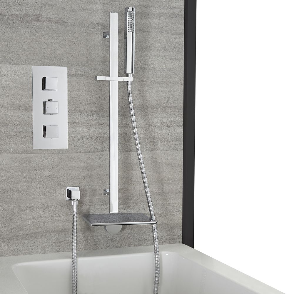 Doucheset - 2-Weg Thermostatisch met Handdouche en Glijstang en Badvuller met Watervaleffect Chroom | Kubix