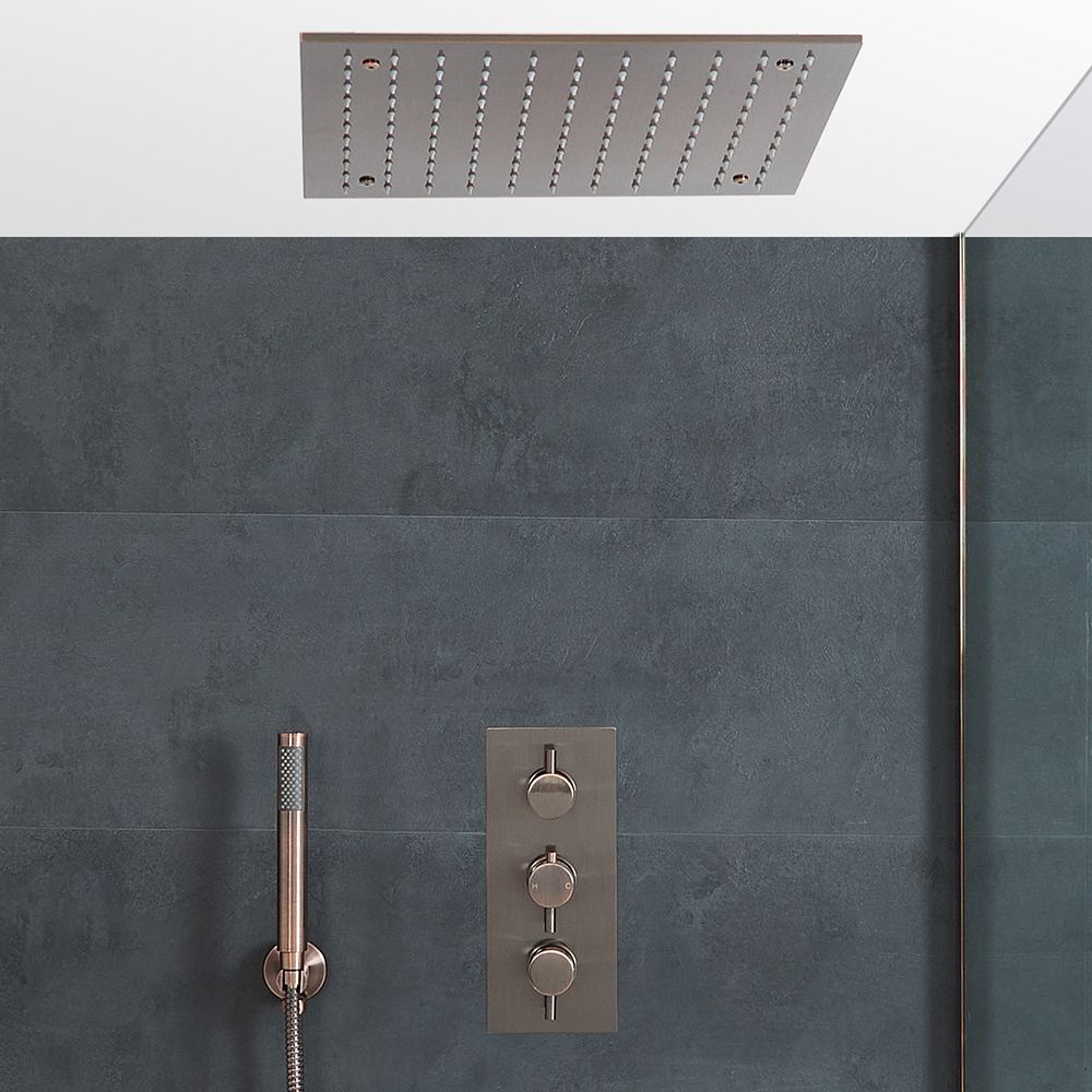 Doucheset - 2-Weg Thermostatische Douchekraan, 40x40cm Verzonken Plafond Douchekop en Handdouche Geborsteld Brons | Amara