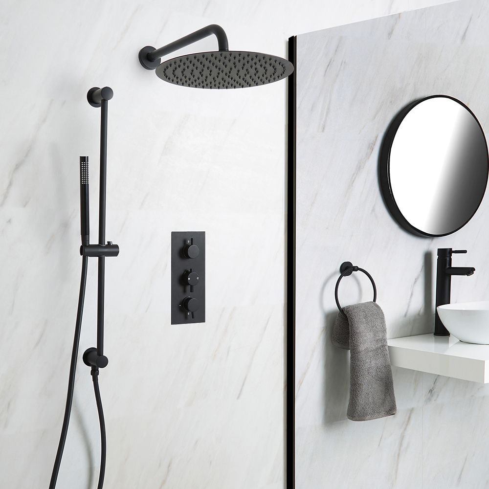 Doucheset - 2-Weg Thermostatische Douchekraan, Ronde Douchekop en Handdouche met Glijstang Zwart | Nox