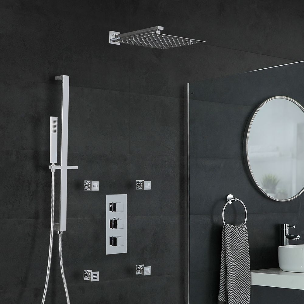 Doucheset - 3-Weg Thermostatische Douchekraan met Omstel, Douchekop, Handdouche met Glijstang en Vier Zijdouches Chroom | Kubix