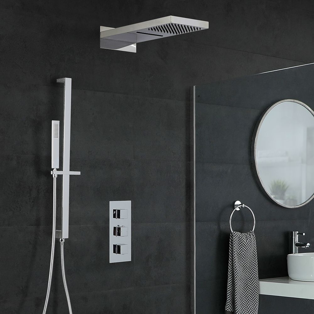 Doucheset - 3-Weg Thermostatische Douchekraan met Omstel, Douchekop met Watervaleffect, Handdouche met Glijstang Chroom | Kubix
