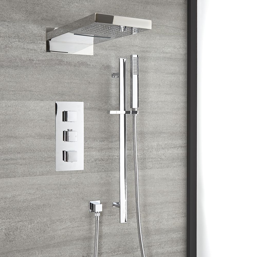 Doucheset -3-Weg Thermostatisch met Omstel,  Douchekop met Watervaleffect en Handdouche met Glijstang Chroom | Kubix