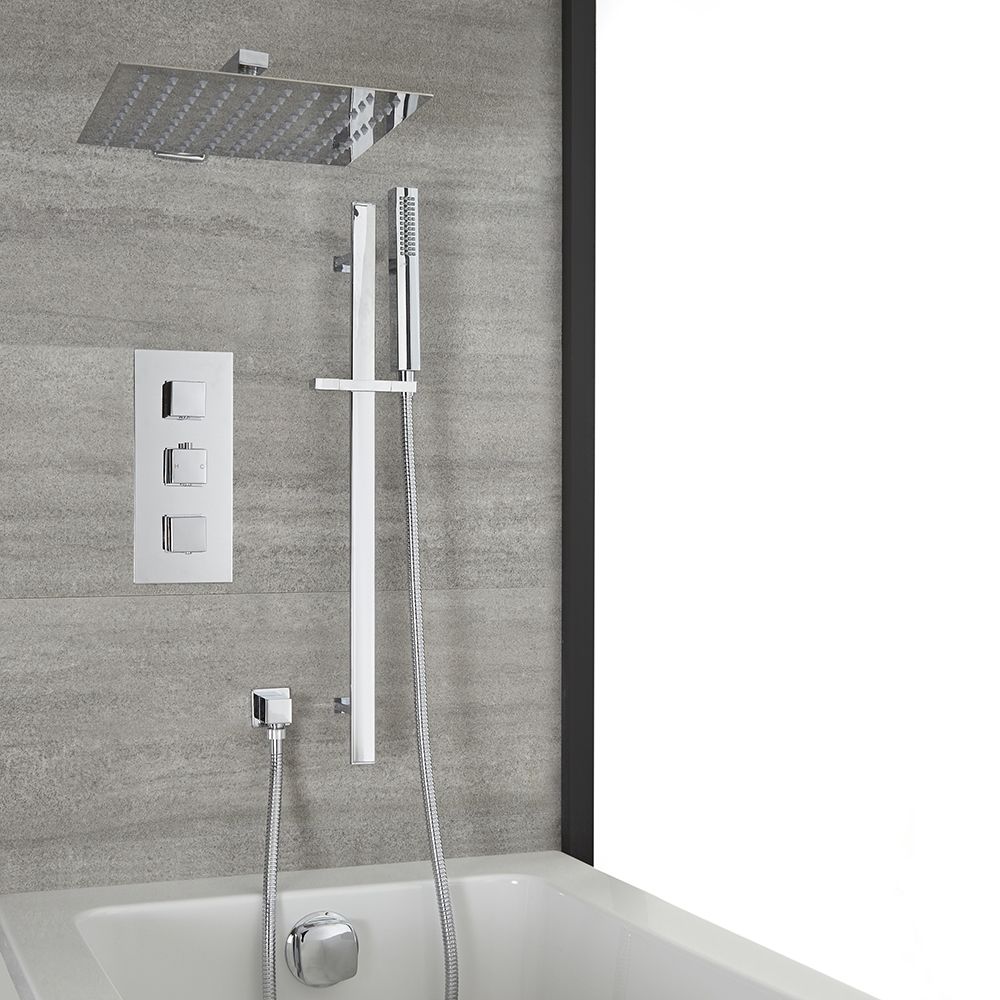 Doucheset -3-Weg Thermostatisch met Omstel,  Douchekop en Handdouche met Glijstang en Overloop-Badvuller Chroom | Kubix