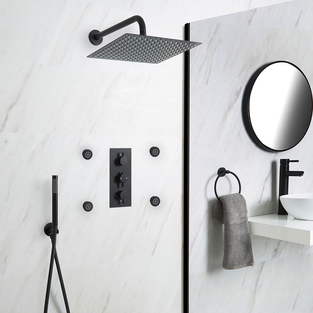 Doucheset - 3-Weg Thermostatische Douchekraan met Omstel, Vierkante Douchekop, Handdouche, en Zijdouches Zwart | Nox