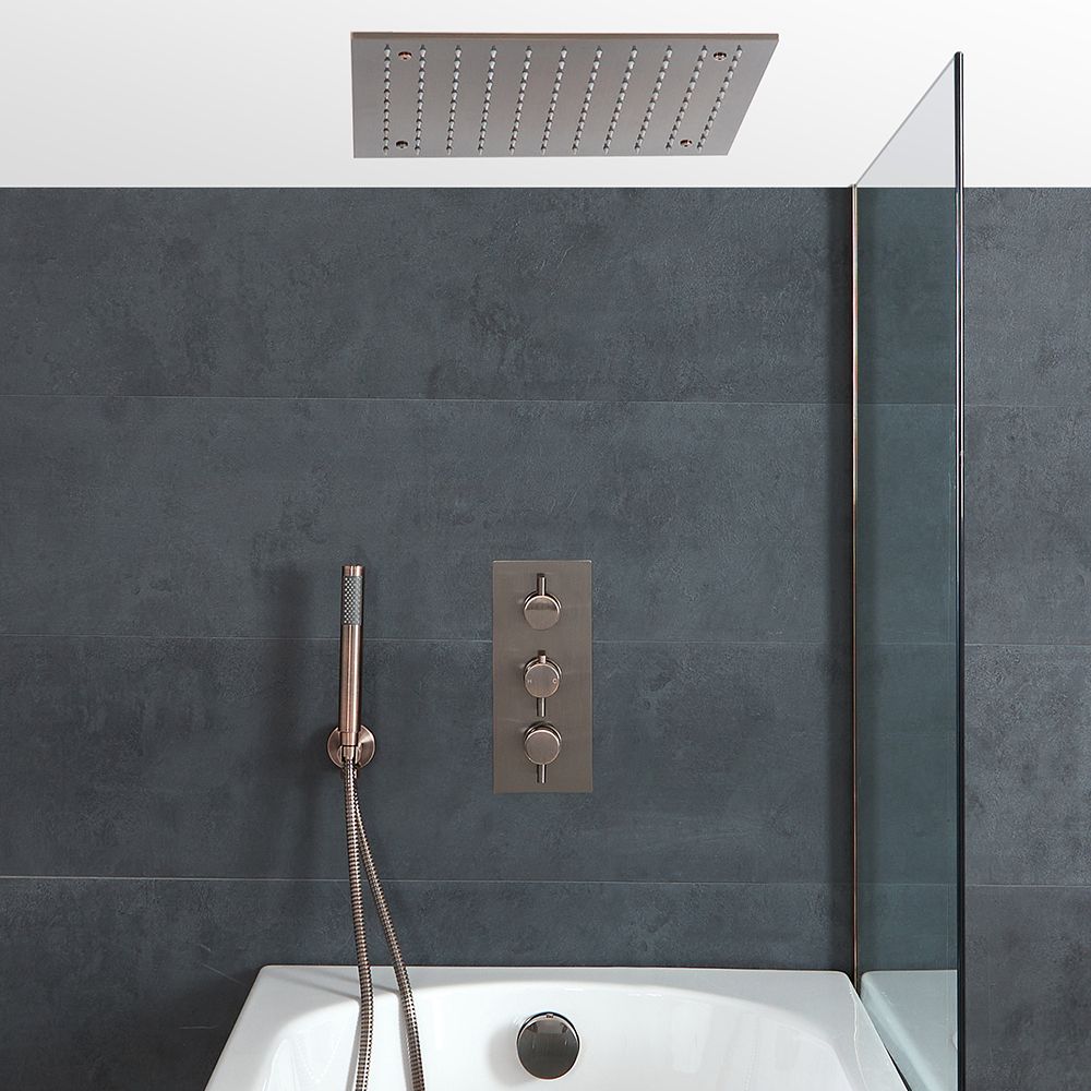 Doucheset - 3-Weg Thermostatische Douchekraan met Omstel, Plafond Douchekop, Handdouche en Overloop-Badvuller Geborsteld Brons | Amara