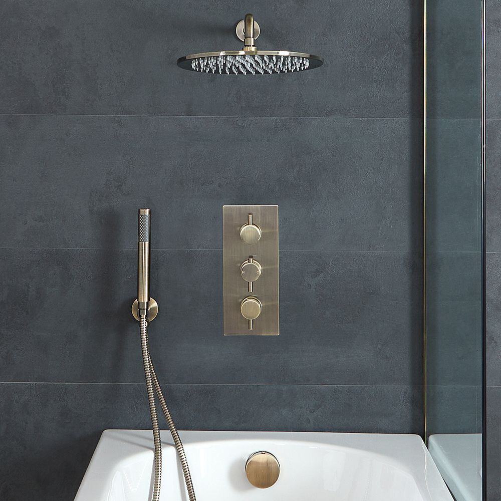 Doucheset - 3-Weg Thermostatische Douchekraan met Omstel, Ronde Douchekop, Handdouche en Overloop-Badvuller Geborsteld Messing | Clarus