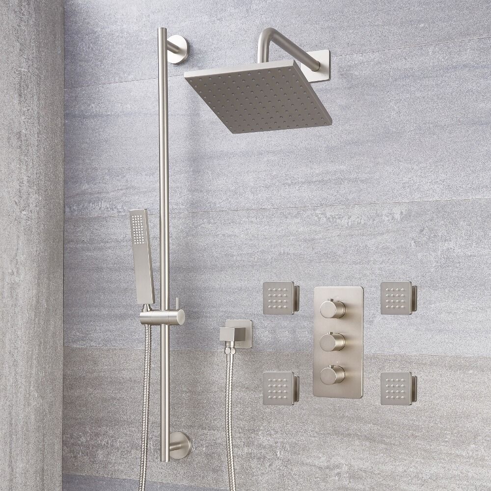 Doucheset - 3-Weg Thermostatische Douchekraan met Omstel, Douchekop, Handdouche met Glijstang en Zijdouches Geborsteld Nikkel | Harting