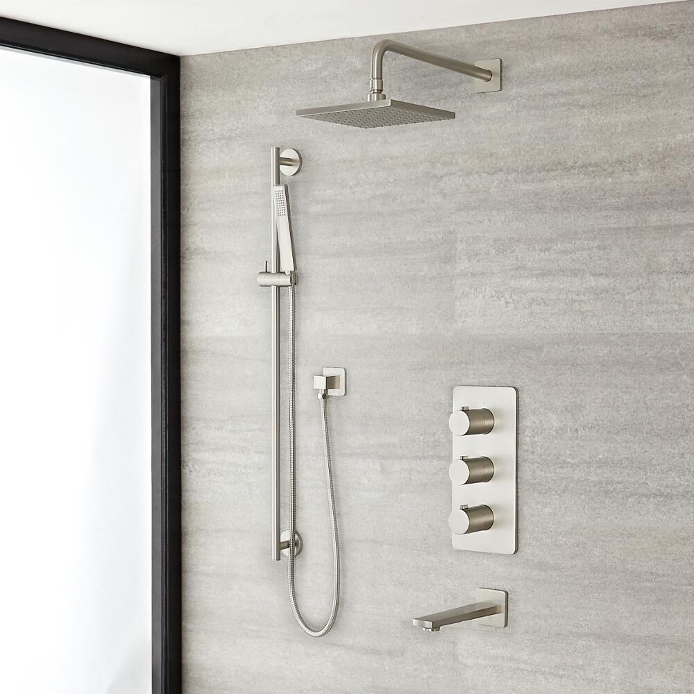 Doucheset 3-Weg Inbouw Thermostatisch Douchekop Vierkant 20 x 20cm Glijstanguitrusting Baduitloop Geborsteld Nikkel | Harting