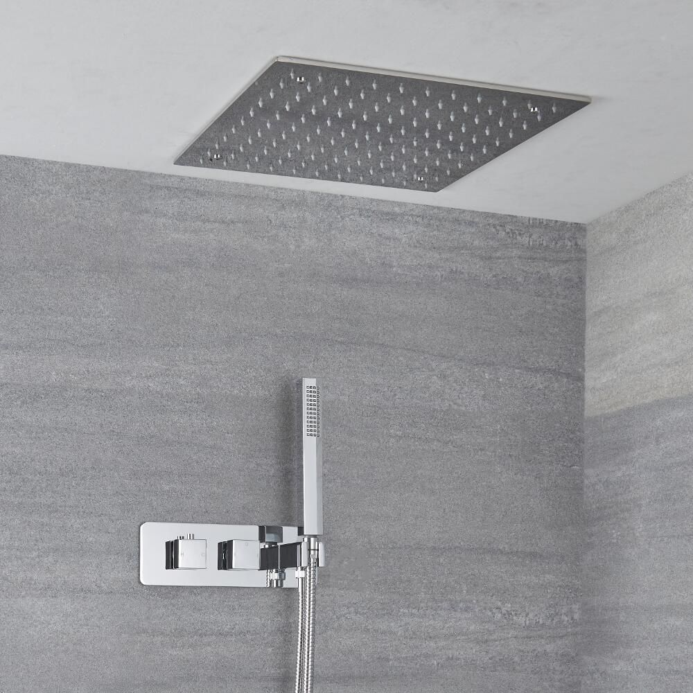 Doucheset - Douchekraan Thermostatisch Inbouw 2-Weg met Omstel met Verzonken 40x40cm Plafond Douchekop en Handdouche Chroom | Kubix
