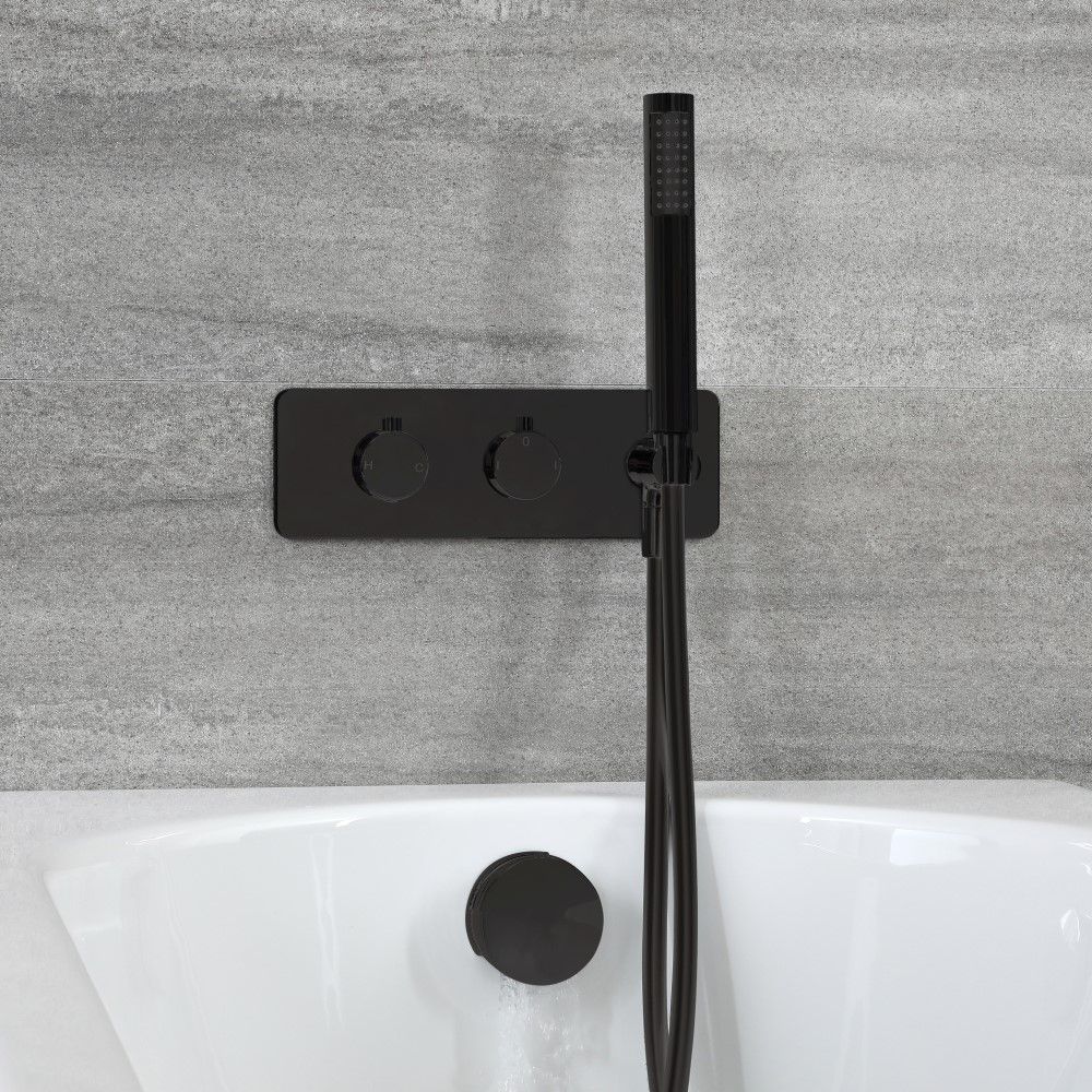 Badkraan 2-Weg Thermostatisch met Omstel, met Handdouche en Overloop-Badvuller Zwart | Nox