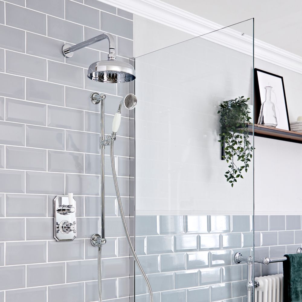 Doucheset Klassiek Chromen en Wit - 2-Weg Thermostatische Inbouw Douchekraan met Omstel, 20cm Ronde Douchekop en Glijstangset met Handdouche | Elizabeth