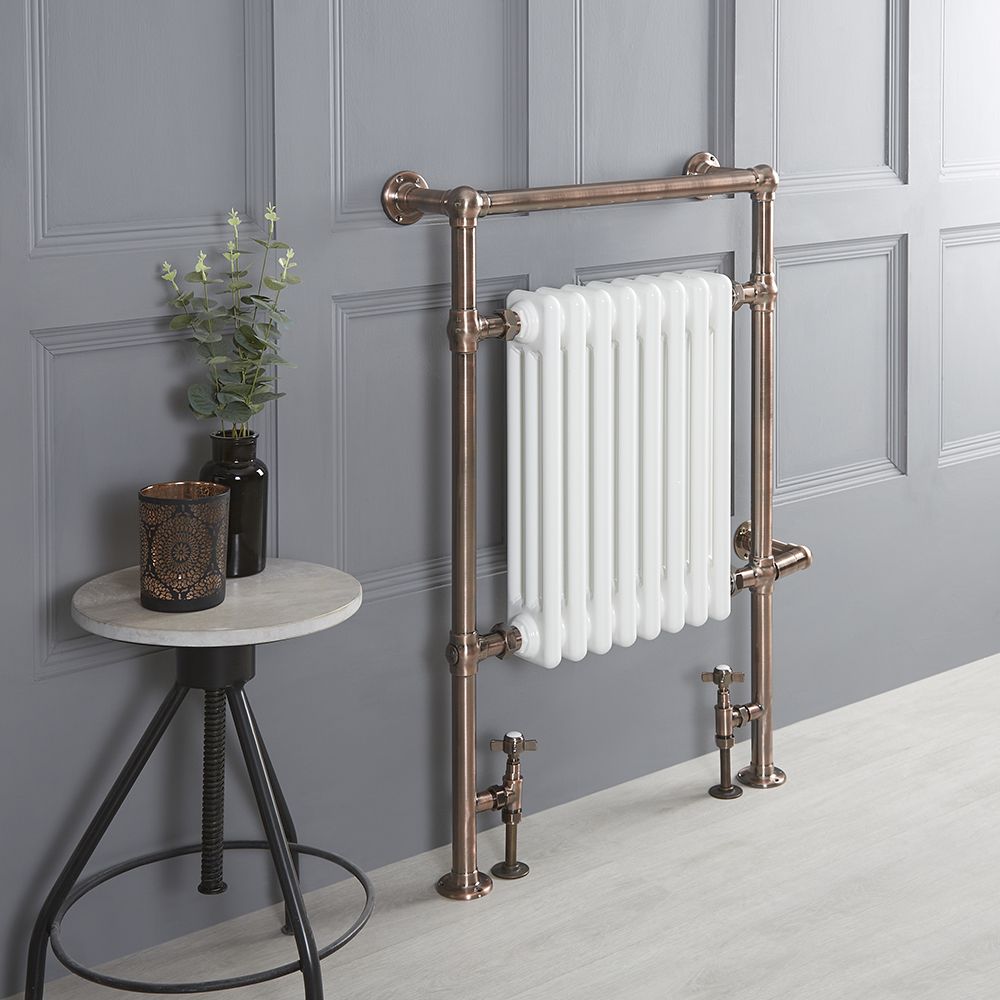 Handdoekradiator Dual Fuel / Hybride Klassiek Geborsteld Brons  62cm x 93cm Optionele Wifi Thermostaat en Kabelafdekking | Elizabeth