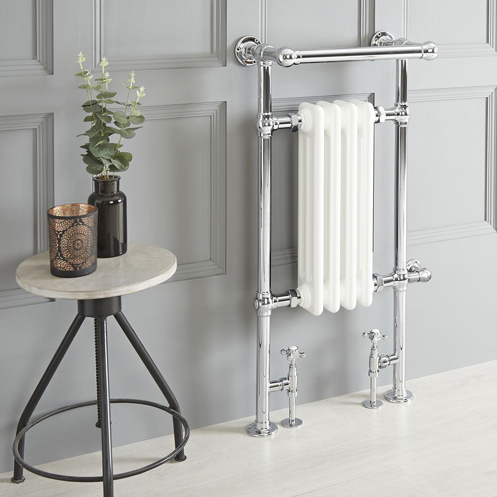 Handdoekradiator Dual Fuel / Hybride Klassiek Wit met Overhangend Handdoekrek  45 x 93cm Optionele Wifi Thermostaat en Kabelafdekking | Elizabeth