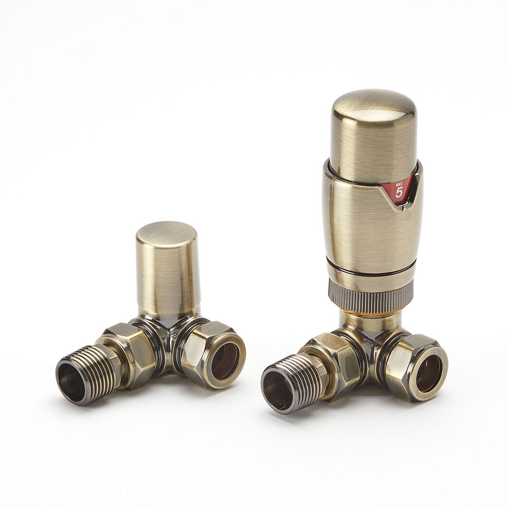 Thermostatische Radiatorkraan en Afsluiter - Verkeerd Haaks, Geborsteld Goud