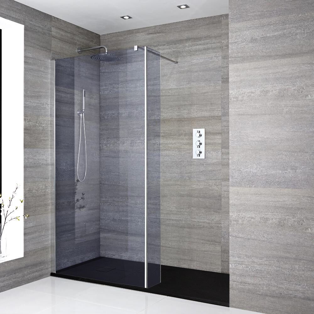 Inloopdouche 1 Vaste Rookglas Douchewand | Keuze Afmeting en Afwerking Steeneffect Douchebak | 30cm Zijwand Optie | Portland-Luna