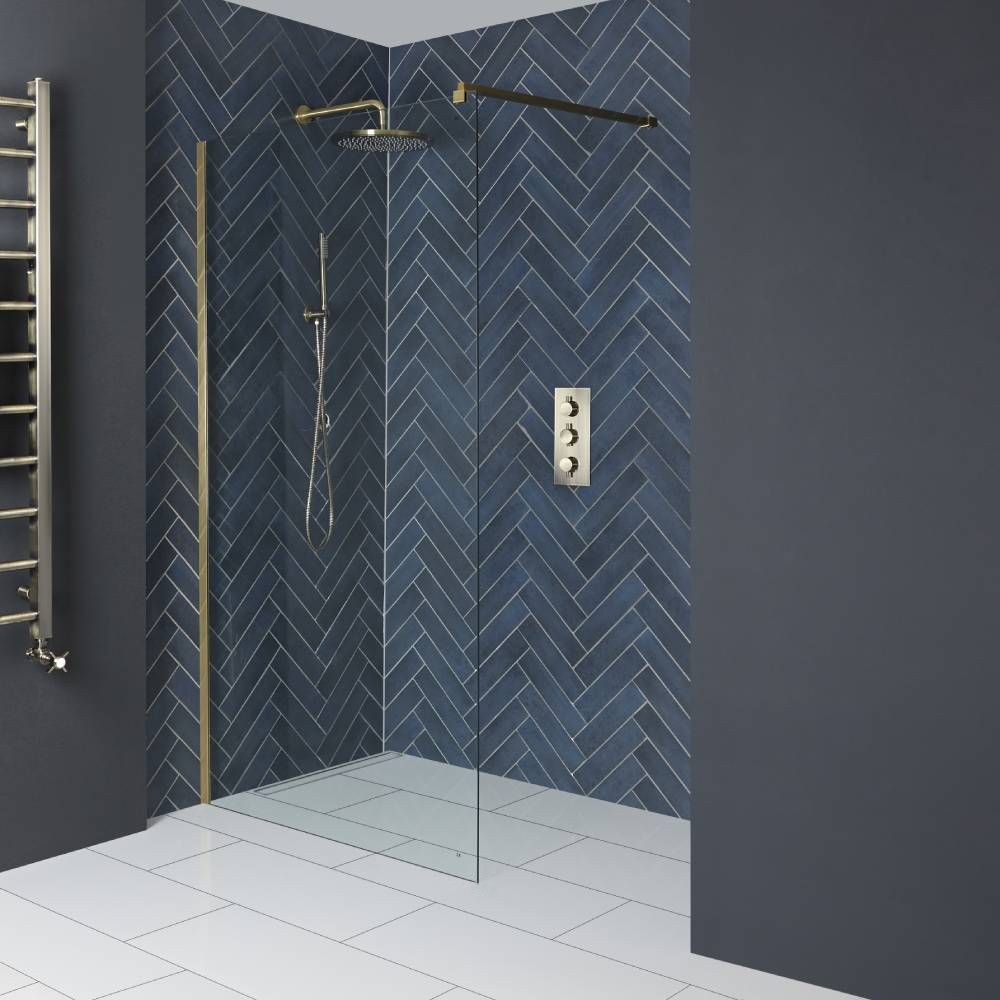 Vaste Douchewand 195cm Hoog met Stabilisatiestang - Antiek Messing | Keuze Afmeting en Optie Zijwand | Alama