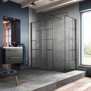 Inloopdouche Hoek - Douchewanden met Zwart Abstract Rasterpatroon en Steeneffect Douchebak | Keuze Afmeting en Afwerking Douchebak en Optie voor Zijwand