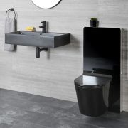 Hangende Wastafel Rechthoekig 75cm x 42cm en Hangend Toilet met Stortbak en Ombouw Zwart | Nox