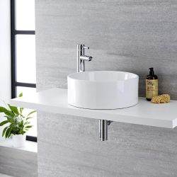 Opzetwastafel Rond Diameter 40cm Wit met Verhoogde Wastafelmengkraan Chromen | Covelly