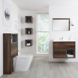 Badkamermeubel Set Hangend 80cm Donker Eiken Incl Wastafelmeubel + Toilet + Stortbak + Ombouw + Open Kast - Incl/excl LED - Hoxton