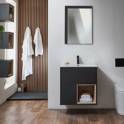 Hangend Wastafelmeubel 61cm met Wastafel en Open Plank | Keuze Afwerking, Wastafel en LED-Verlichting | Hoxton