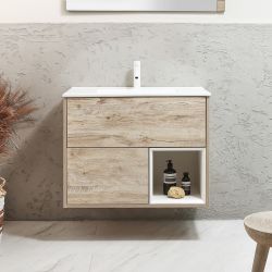 Hangend Wastafelmeubel 81,2cm met Open Plank Incl. Elements Wastafel | Keuze Afwerking, Wastafel en Optie voor LED-Verlichting | Hoxton
