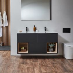Wastafelmeubel Hangend 121cm met Dubbele Wastafel en Twee Open Planken | Keuze Afwerking, Wastafel en LED-Verlichting | Hoxton