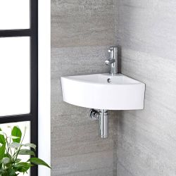 Hangende Hoekwastafel 46cm x 32cm Wit met 1-Gats Wastafelmengkraan Chromen | Belstone