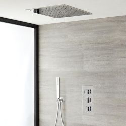 Doucheset - 2-Weg Thermostatische Douchekraan met Verzonken 40x40cm Plafond Douchekop en Handdouche Chroom | Kubix