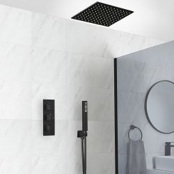 Douchesysteem Thermostatisch Zwart met 2-Weg Douchekraan, 40cm Vierkante Plafond Douchekop en Handdouche | Preto