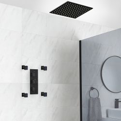 Douchesysteem Thermostatisch Zwart met 2-Weg Douchekraan, 40cm Vierkante Plafond Douchekop en 4 x Zijdouches | Preto