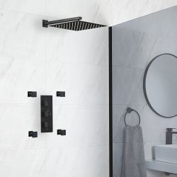 Douchesysteem Thermostatisch Zwart met 2-Weg Douchekraan, 30cm Vierkante Douchekop en 4 x Zijdouches | Preto