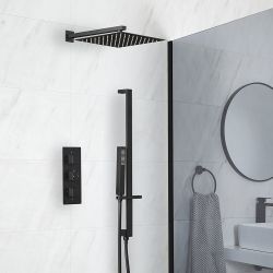 Douchesysteem Thermostatisch Zwart met 2-Weg Douchekraan, 30cm Vierkante Douchekop en Handdouche met Glijstang | Preto