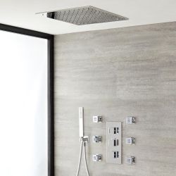 Doucheset - 3-Weg Thermostatische Douchekraan met Omstel, Plafond Douchekop, Handdouche, Zijdouches Chroom | Kubix