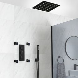 Douchesysteem Thermostatisch Zwart met 3-Weg Douchekraan met Omstel, 40cm Vierkante Plafond Douchekop, Handdouche en 4 Zijdouches | Preto